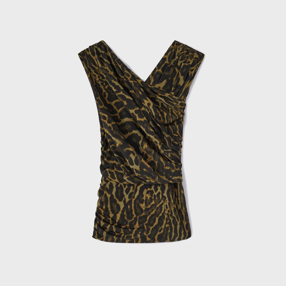 Ganni Printed Shiny Jersey Sleeveless Ruched Blouse - Khaki