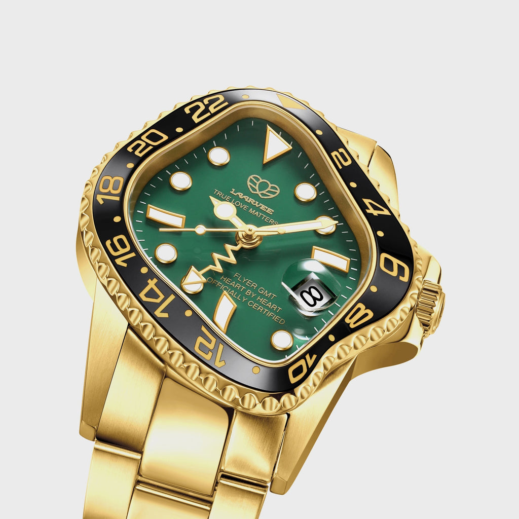 LAARVEE Golden Precision Steel - Black Ceramic Bezel / Green Dial