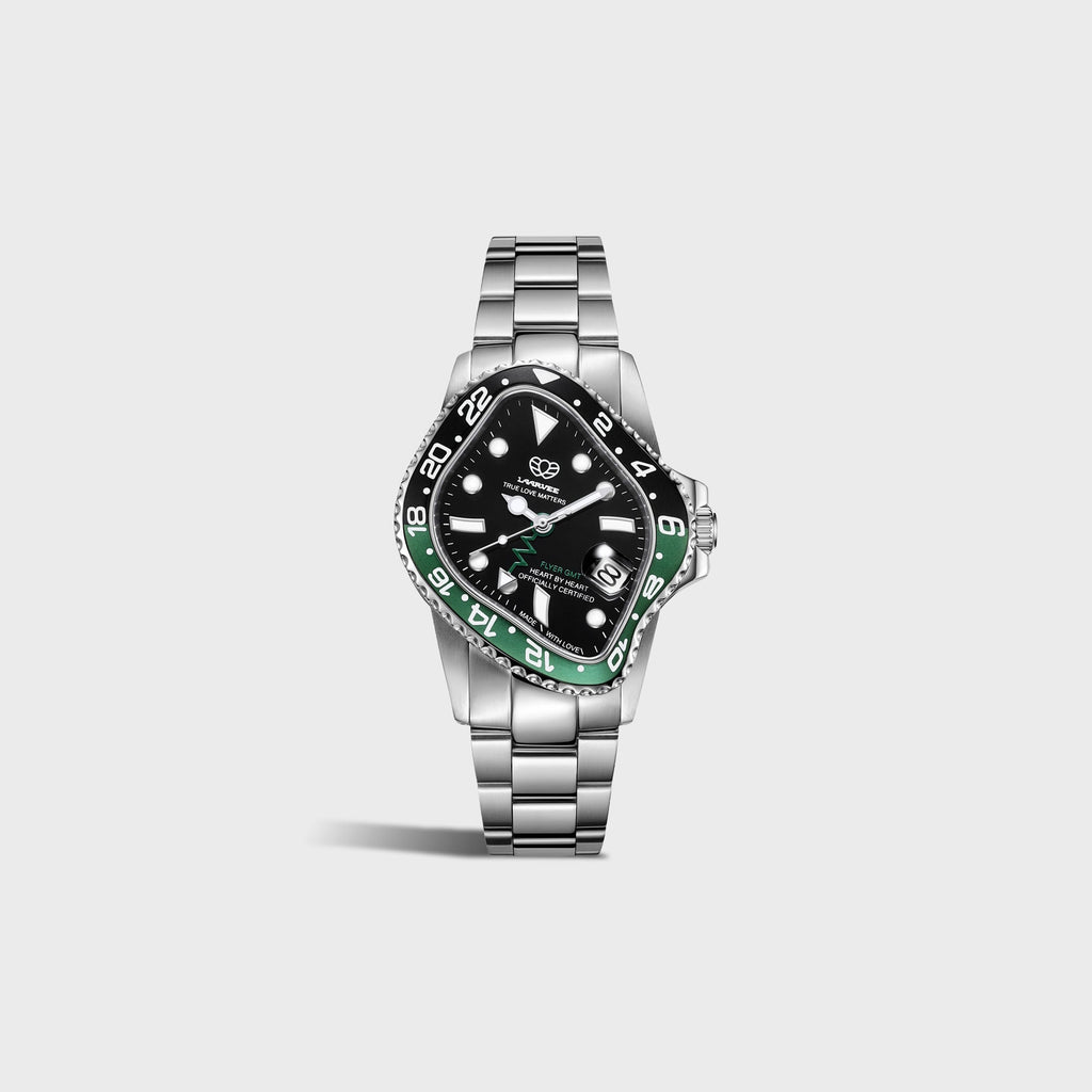 LAARVEE Silver Precision Steel - Black / Green Aluminum Bezel / Black Dial