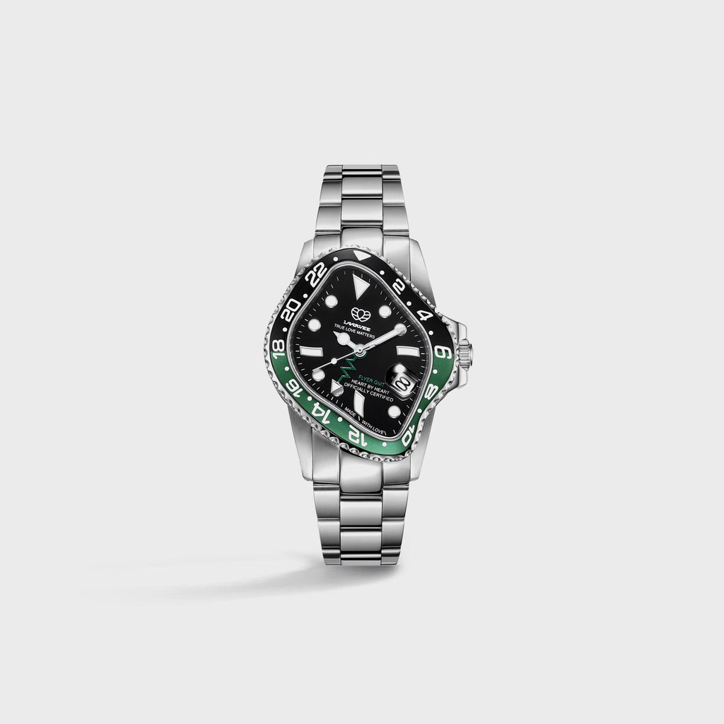 LAARVEE Silver Precision Steel - Black / Green Aluminum Bezel / Black Dial
