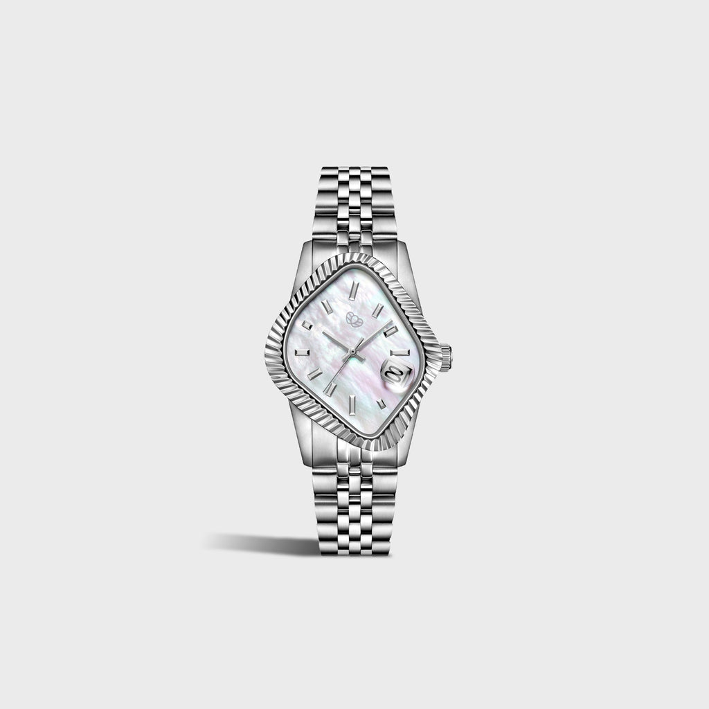 LAARVEE Silver Precision Steel - Fluted Bezel / White Mother Of Pearl Dial