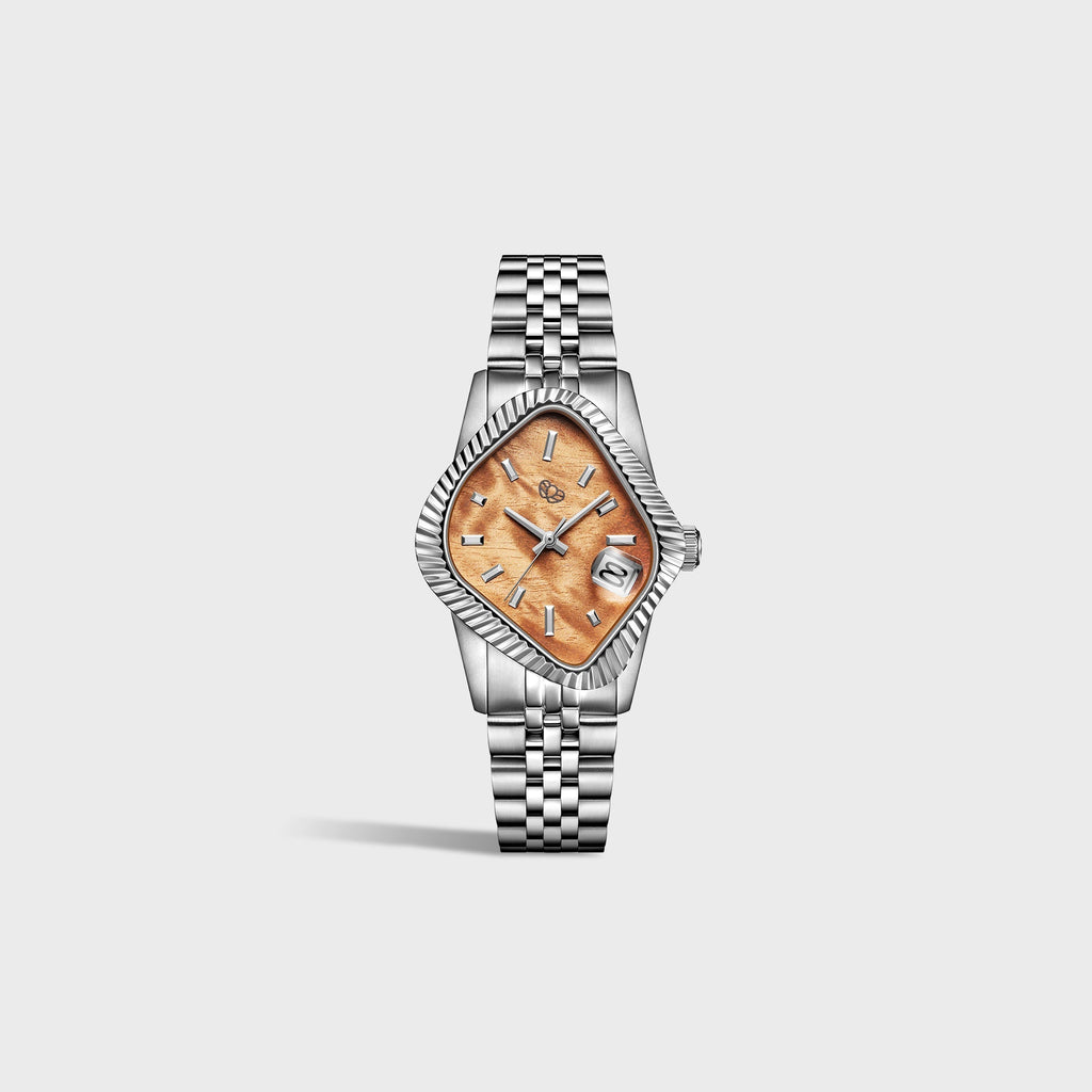 LAARVEE Silver Precision Steel Watch - Fluted Bezel / Golden Phoebe Wood Dial