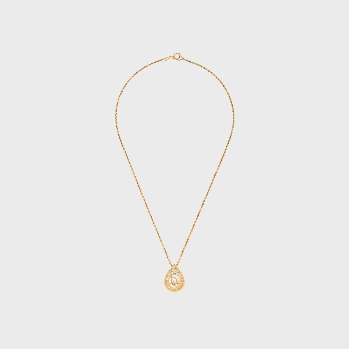 WGACA Christian Dior Logo Rhinestone Teardrop Pendant Necklace - Gold