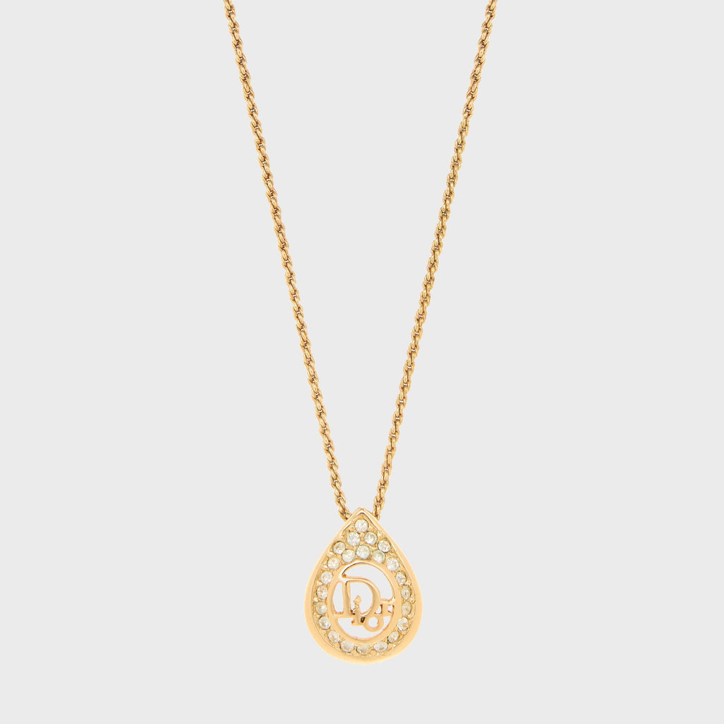 WGACA Christian Dior Logo Rhinestone Teardrop Pendant Necklace - Gold