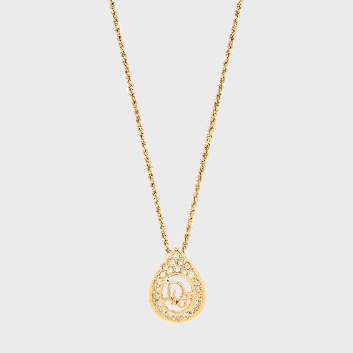 WGACA Christian Dior Logo Rhinestone Teardrop Pendant Necklace - Gold