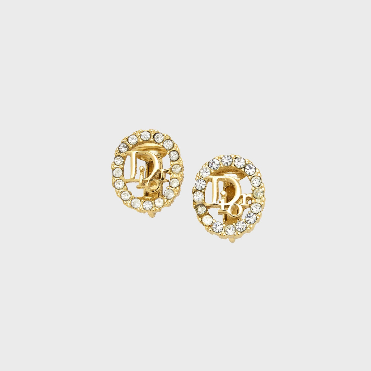 WGACA Christian Dior Vintage Gold Plated Rhinestone Dior Logo Oval Clip On Earrings - Gold