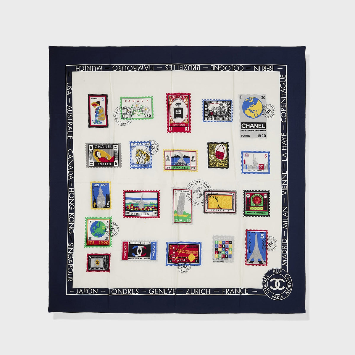 WGACA Chanel Stamps of The World Silk Scarf - Multi