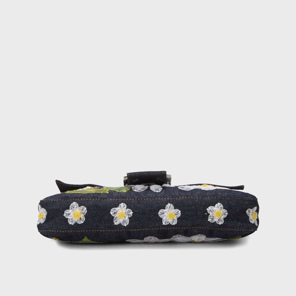 WGACA Fendi Denim Floral Embroidered Mama Baguette Shoulder Bag - Navy